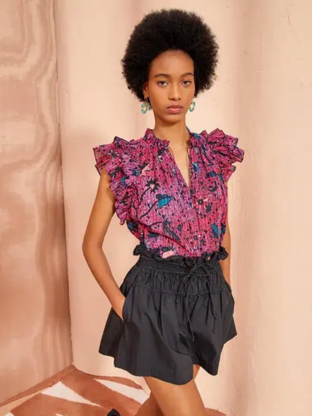 Ulla Johnson Pink Floral Ruffled Sleeveless Blouse